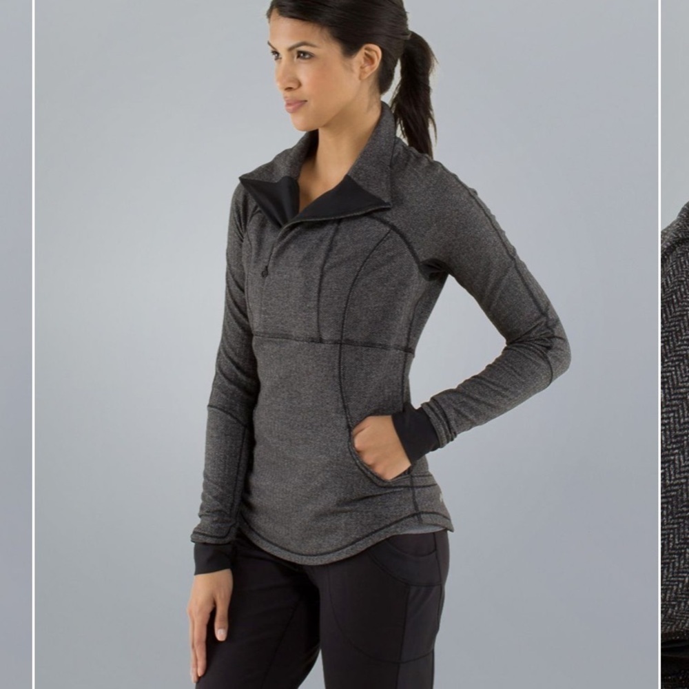 Lululemon Base Runner 1/2 Zip Heathered Herringbone Heathered Black